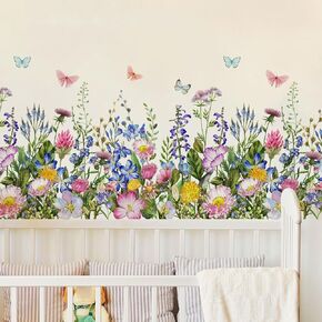2 Pieces Flowers Wall Decals Vinyl Stickers Removable Floral Art Murals Peel and Stick Colorful Flower Decor for Girls Bedroom Living Room Nursery (Bright)