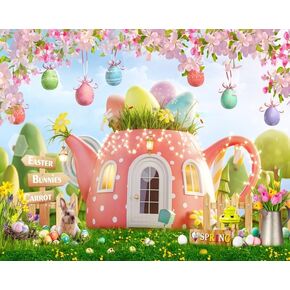 Easter Backdrop Resurrection of Jesus Colorful Eggs Spring Flowers Rabbit Decorations Background Pink Teapot House Backdrop He is Risen Bunnies Floral Baby Shower Studio Props 10x8ft