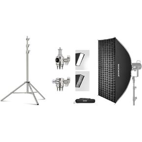 NEEWER 7.2ft Stainless Steel Light Stand, Spring Cushioned Heavy Duty Photography Tripod Stand with 1/4" to 3/8" Screw Adapter and 24"x35" Quick Setup Foldable Rectangular Softbox