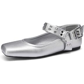 Women's Sliver Black Studded Ankle Strap Square Toe Mary Jane Flats Office, Party, Daily Wear