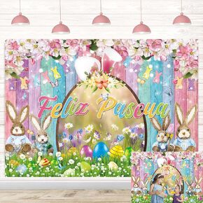 Feliz Pascua Banner Spanish Easter Backdrop Bunny Egg Grassland Colorful Wood Photography Backdrop for Spring Easter Party Decorations Photo Booth Props (6x4FT(72 x 48inch))