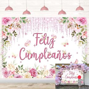 Feliz cumpleaños Backdrop Pink Floral Birthday Backdrop for Photography Glitters Rose Butterfly Party Banner for Women Girls Baby Shower Photo Booth Supplies (7X5FT)