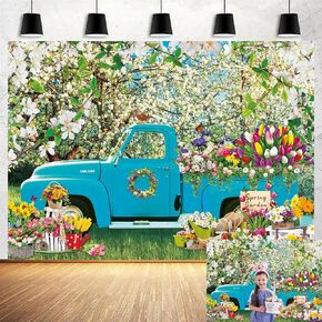 Spring Flower Forest Truck Backdrop 7x5ft Easter Tulip Garden Photography Background Floral Natural Scenery Picnics Kids Birthday Wedding Studio Portrait Props