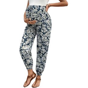 MakeMeChic Women's Maternity Pants Printed Tie Front Tapered Pregnancy Pants