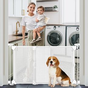GRENFU 28" Tall No Drill Dog Gate for Stairs, Dual-Opening Sliding Pet Gate, Fits 32-55" Wide Expandable Dog Gates Indoor No Bottom Bar Baby Gate No Drill & Adjustable Width & Angle Mesh Gate, Gray