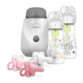 Dr. Brown’s Anti-Colic Options+ Wide-Neck Baby Bottles, 9 oz Ocean, Level 1 Nipple, 2-Pack, 0m+ with Insta-Feed Bottle Warmer and Sterilizer and HappyPaci Pacifier, Pink 3-Pack