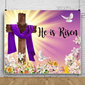 Easter He is Risen Backdrop Jesus Resurrection Peace Dove Decorations Background Jesus Christ Cross Colorful Flower Eggs Background Religious Christmas Banner Studio Props 10x8ft
