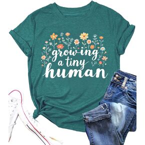 Women Pregnancy Announcement Shirts Growing A Tiny Human Floral Graphic Tshirt Maternity Reveal Tee Tops