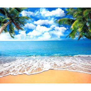 10x8ft Summer Tropical Beach Backdrop Blue Sea Sky White Clouds Palm Trees Backdrop Theme Portrait Photography Background Holiday Photo Video Studio Props Banner