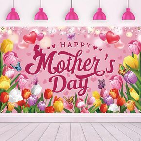 Happy Mothers Day Banner 72 x 44 Inch Large Mothers Day Backdrop for Mother’s Day Party Decorations