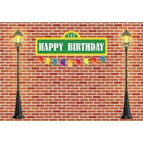5x3ft Cartoon Street Happy Birthday Backdrop Cloth Red Brick Wall Background Decorations Cartoon Street Theme Birthday Party Wall Cloth Decorations Supplies