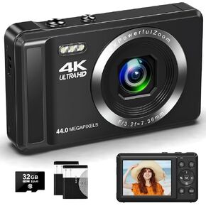16X Digital Camera,44MP UHD Autofocus Digital Cameras for Kids 4K Portable Cameras Small Vlogging Camera with 2 Batteries & 32GB SD Card