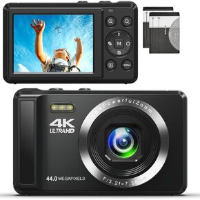 4K UHD 44MP Digital Camera for Teens & Students - Autofocus Point-and-Shoot Vlogging Camera with 2.4" Screen, 16X Zoom, 2 Batteries & 32GB SD Card - Compact & Beginner-Friendly