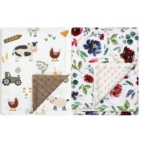 HOMRITAR 2 Pack Baby Blanket for Boys Girls Cute Farm Animals + Multicolor Floral Design Receiving Blanket 30 x 40 Inch