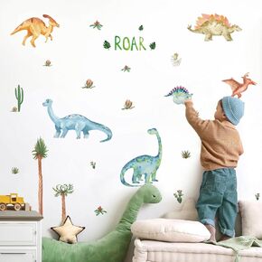 Watercolor Dinosaur Nursery Wall Decals, Large Peel and Stick Jungle Wall Decal Self Adhesive Wall Art Sticker for Boys Girls Baby Nursery Kids Room Home