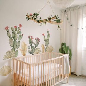 Tropical Watercolor Boho Cactus Wall Decals Peel and Stick, PVC Prickly Pear Cactus Wall Stickers, Botanical Wall Art Decor for Kids Room Playroom Nursery Bedroom Classroom