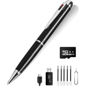 1080P Camera Pen, 64G Nanny Cam, Portable Body Cameras with Loop Recording, Rechargeable Video Camera for Home, Office-One Button Surveillance Cameras