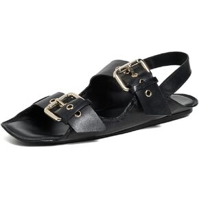 Women's Blossom Buckle Sandal Flat, Black Leather, 9.5