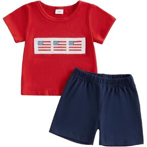 Omkzanbi 4th of July Baby Boy Outfit American Flag Embroidery T Shirt Casual Jogger Shorts 2Pcs Toddler Summer Clothes 3M-4Y