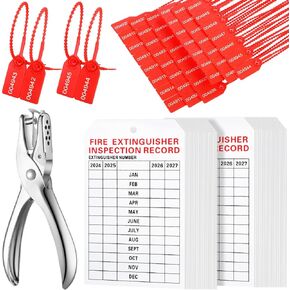 Chunful 101 Pieces Monthly Fire Extinguisher Inspection Tags 2025 to 2028 Maintenance Tags and Plastic Tamper Seals Numbered Security Tags with Handheld Hole Puncher(Yellow)