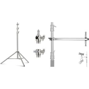 NEEWER 7.2ft/2.2m Stainless Steel Light Stand, Spring Cushioned Heavy Duty Photography Tripod Stand with Offset Arm, 1/4" to 3/8" Screw Adapter for Strobe,LED Video Light,Ring Light, Softbox
