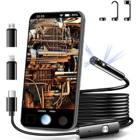 [Dual Lens] Endoscope Inspection Camera by AURTEC, Dual HD Lens, IP68 Waterproof, 33FT/10M Semi-Rigid Cable, Borescope Camera with LED Lights, Compatible with Android and iOS Devices