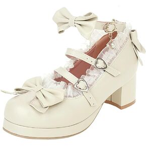 Parisuit Womens Mary Jane Chunky Heel Platform Pumps Bowtie Heart Strap Lace Kawaii Maid Shoes