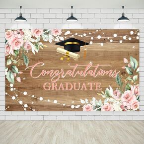 Avezano Rustic Wood Graduation Banner Congratulations Graduate Party Decorations Background Pink Floral Grad Banner Backdrop for Photography 70.8x43.3 inch