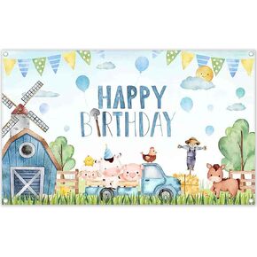 ZTHMOE Fabric 72x43inch Watercolor Farm Photography Backdrop Animals Blue Barn Tractors Background Baby Shower Birthday Party Decoration Photo Banner Props