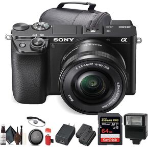 Sony Alpha A6100 Mirrorless Digital Camera (ILCE6100L/B) with 16-50mm Lenses with Flash, Extra Battery, Tripod, 64GB Memory Card, Bag, and More - Advanced Bundle