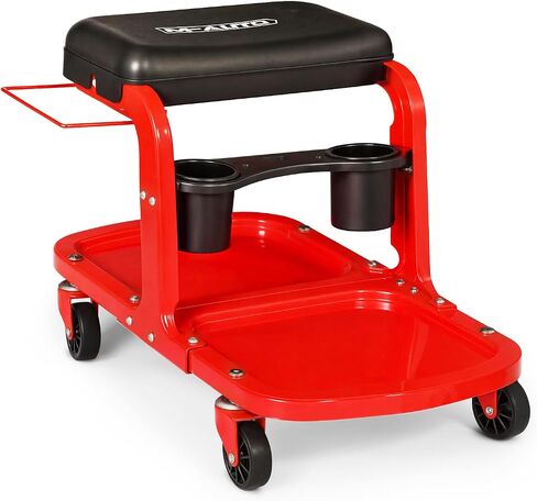 M-AUTO Garage Roller Seat Heavy Duty Rolling Shop Mechanic Creeper/Shop Stool with Tool Tray and Equipment Rack, 300LBS Capacity Creeper Seat with 5 Rollers for Detailing Car, Red in Saudi Arabia