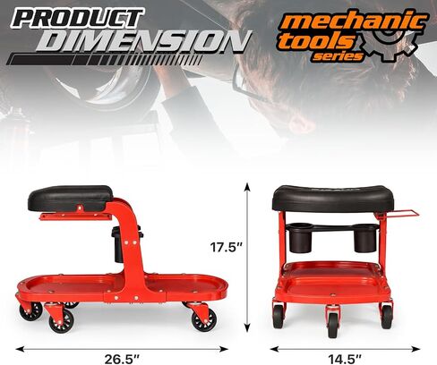 M-AUTO Garage Roller Seat Heavy Duty Rolling Shop Mechanic Creeper/Shop Stool with Tool Tray and Equipment Rack, 300LBS Capacity Creeper Seat with 5 Rollers for Detailing Car, Red in Saudi Arabia