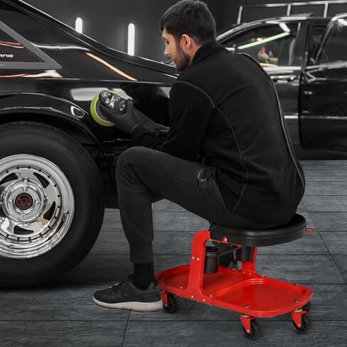 M-AUTO Garage Roller Seat Heavy Duty Rolling Shop Mechanic Creeper/Shop Stool with Tool Tray and Equipment Rack, 300LBS Capacity Creeper Seat with 5 Rollers for Detailing Car, Red in Saudi Arabia