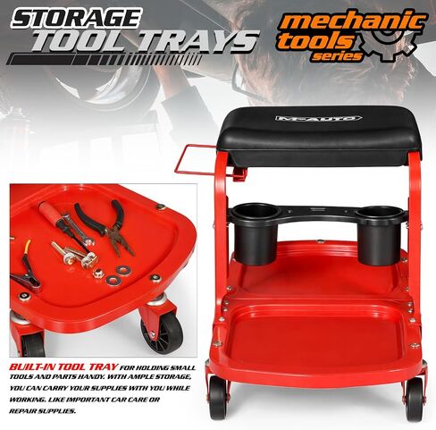 M-AUTO Garage Roller Seat Heavy Duty Rolling Shop Mechanic Creeper/Shop Stool with Tool Tray and Equipment Rack, 300LBS Capacity Creeper Seat with 5 Rollers for Detailing Car, Red in Saudi Arabia