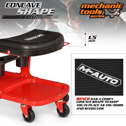 M-AUTO Garage Roller Seat Heavy Duty Rolling Shop Mechanic Creeper/Shop Stool with Tool Tray and Equipment Rack, 300LBS Capacity Creeper Seat with 5 Rollers for Detailing Car, Red in Saudi Arabia