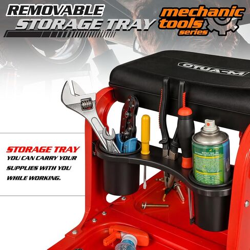 M-AUTO Garage Roller Seat Heavy Duty Rolling Shop Mechanic Creeper/Shop Stool with Tool Tray and Equipment Rack, 300LBS Capacity Creeper Seat with 5 Rollers for Detailing Car, Red in Saudi Arabia