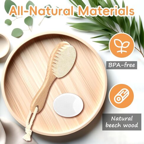 Baby Hair Brush, 2PCS Wooden Goat Bristles Hair Brush with Silicone Hair Scrubber Cradle Cap Brush for Newborn, Toddler, Boys, Girls Perfect Scalp Grooming Product (Green) in Kuwait
