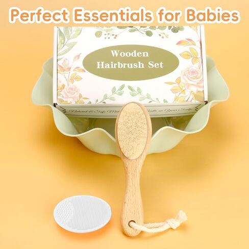 Baby Hair Brush, 2PCS Wooden Goat Bristles Hair Brush with Silicone Hair Scrubber Cradle Cap Brush for Newborn, Toddler, Boys, Girls Perfect Scalp Grooming Product (Green) in Kuwait