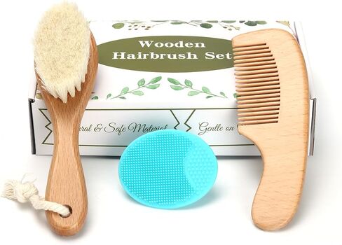 Baby Hair Brush, 2PCS Wooden Goat Bristles Hair Brush with Silicone Hair Scrubber Cradle Cap Brush for Newborn, Toddler, Boys, Girls Perfect Scalp Grooming Product (Green) in Kuwait