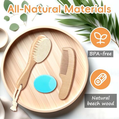 Baby Hair Brush, 2PCS Wooden Goat Bristles Hair Brush with Silicone Hair Scrubber Cradle Cap Brush for Newborn, Toddler, Boys, Girls Perfect Scalp Grooming Product (Green) in Kuwait