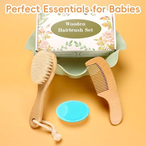 Baby Hair Brush, 2PCS Wooden Goat Bristles Hair Brush with Silicone Hair Scrubber Cradle Cap Brush for Newborn, Toddler, Boys, Girls Perfect Scalp Grooming Product (Green) in Kuwait