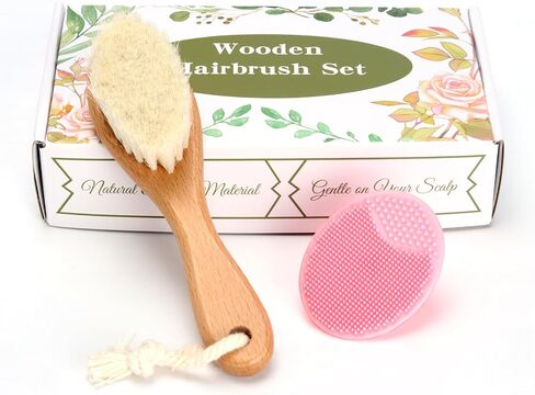 Baby Hair Brush, 2PCS Wooden Goat Bristles Hair Brush with Silicone Hair Scrubber Cradle Cap Brush for Newborn, Toddler, Boys, Girls Perfect Scalp Grooming Product (Green) in Kuwait