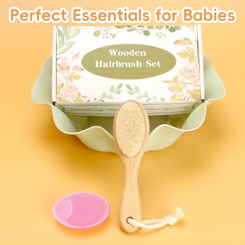 Baby Hair Brush, 2PCS Wooden Goat Bristles Hair Brush with Silicone Hair Scrubber Cradle Cap Brush for Newborn, Toddler, Boys, Girls Perfect Scalp Grooming Product (Green) in Kuwait