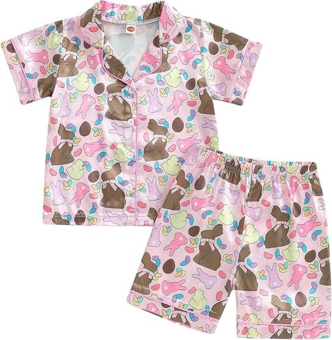Toddler Baby Boy Girl Easter Silk Pajamas Floral Bunny Short Sleeve Button Shirts Lounge Shorts Satin Pjs Sleepwear in Saudi Arabia