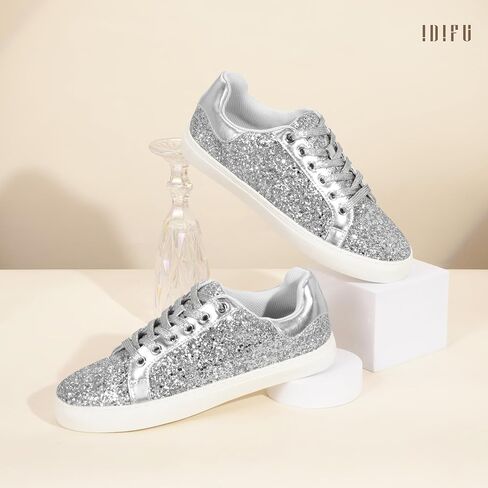 IDIFU Fashion Glitter Sparkly Sneakers for Women Bling Sparkle Tennis Shoes Wedding Bridal Ladies Bride Sneakers Dressy Casual Trendy Comfortable Bedazzled Low Top Lace Up Sequin Sneakers in Saudi Arabia
