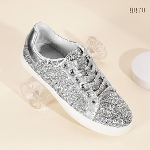 IDIFU Fashion Glitter Sparkly Sneakers for Women Bling Sparkle Tennis Shoes Wedding Bridal Ladies Bride Sneakers Dressy Casual Trendy Comfortable Bedazzled Low Top Lace Up Sequin Sneakers in Saudi Arabia