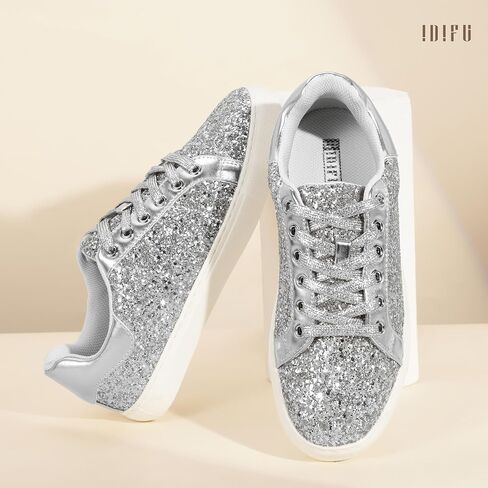 IDIFU Fashion Glitter Sparkly Sneakers for Women Bling Sparkle Tennis Shoes Wedding Bridal Ladies Bride Sneakers Dressy Casual Trendy Comfortable Bedazzled Low Top Lace Up Sequin Sneakers in Saudi Arabia