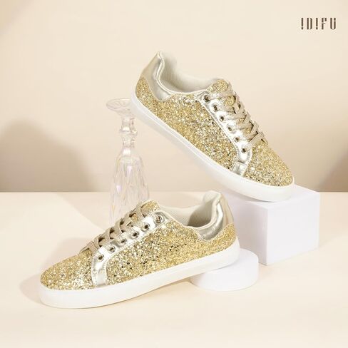 IDIFU Fashion Glitter Sparkly Sneakers for Women Bling Sparkle Tennis Shoes Wedding Bridal Ladies Bride Sneakers Dressy Casual Trendy Comfortable Bedazzled Low Top Lace Up Sequin Sneakers in Saudi Arabia