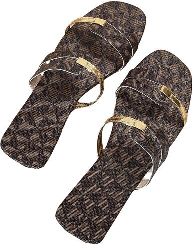 GORGLITTER Women's Metallic Strappy Cut Out Flat Sandals Dressy Leather Square Open Toe Summer Slides in Saudi Arabia