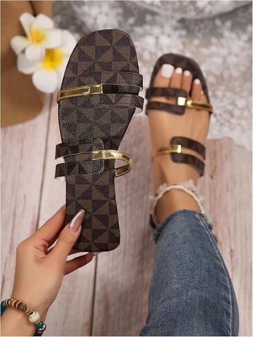 GORGLITTER Women's Metallic Strappy Cut Out Flat Sandals Dressy Leather Square Open Toe Summer Slides in Saudi Arabia